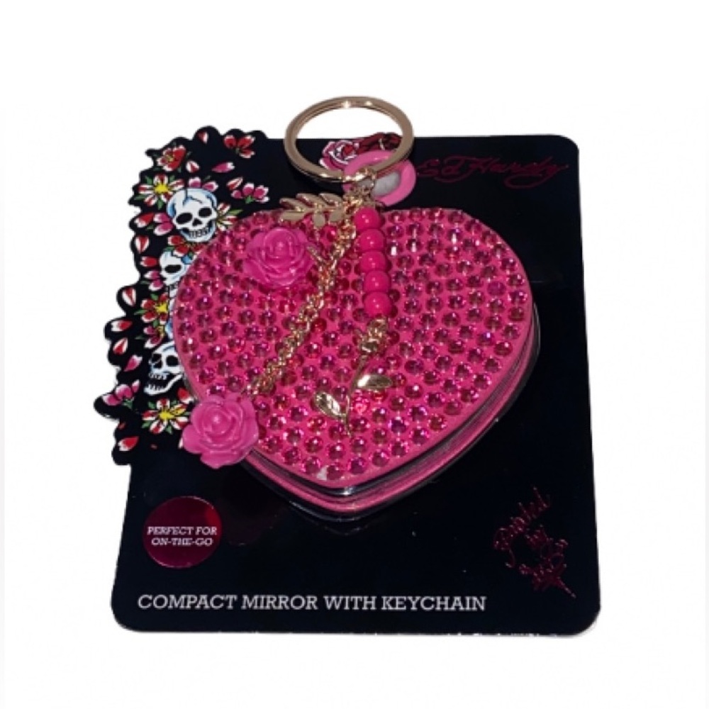 Pink Heart Compact Mirror Keychain with Floral Charms